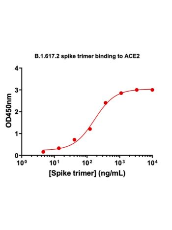 Concentration–response curves for binding of CoV2 spike protein to human ACE2 in cell-free ELISA-type assays. Microtiter wells were coated with 100 uL of ACE2-Fc at 2 ug/mL in PBS at 4˚C overnight. The wells were washed with PBS and blocked with 200 µL of