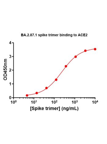 Concentration response curves for binding of CoV2 spike protein to human ACE2 in cell-free ELISA-type assays. Microtiter wells were coated with 100 uL of ACE2-Fc at 2 ug/mL in PBS at 4C overnight. The wells were washed with PBS and blocked with 200 μL of 