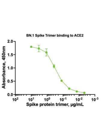 Concentration–response curves for binding of CoV2 spike protein to human ACE2 in cell-free ELISA-type assays. Microtiter wells were coated with 100 uL of ACE2-Fc at 2 ug/mL in PBS at 4˚C overnight. The wells were washed with PBS and blocked with 200 µL of