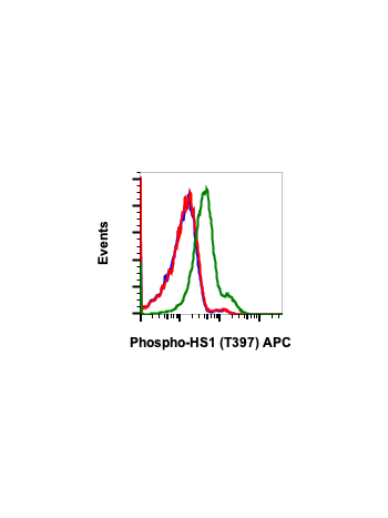 Flow cytometric analysis of Ramos cells untreated and unstained as negative control (blue) or untreated (red) or treated with pervanadate (green) and stained using Phospho-HS1 (Tyr397) APC conjugated antibody HS1Y397-F12. Cat. #2399.
