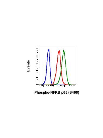 Flow cytometric analysis of A431 cells unstained and untreated with as negative control (blue) or untreated (red) or treated with staurosporine (green) and stained using phospho-NFKB p65 (Ser468) antibody NFKBP65S468-B9 at 0.01 ug/mL Cat. #2461.
