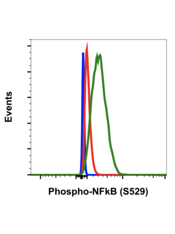 Flow cytometric analysis of HeLa cells secondary antibody only negative control (blue) or untreated (red) or treated with TNFα + calyculin A (green) using Phospho-NFkB p65 (Ser529) antibody NFkBp65S529-H3 at 0.01µg/mL. Cat. #2406.