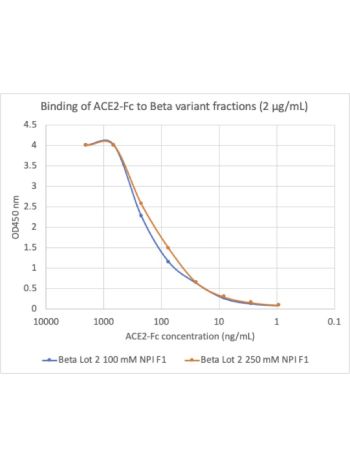 Concentration-response curves for binding of CoV2 spike protein variant beta to human ACE2 in cell-free ELISA-type assays. Microtiter wells were coated with 100 uL of each spike trimer at 2 ug/mL in PBS at 4˚C overnight. The wells were washed with PBS and
