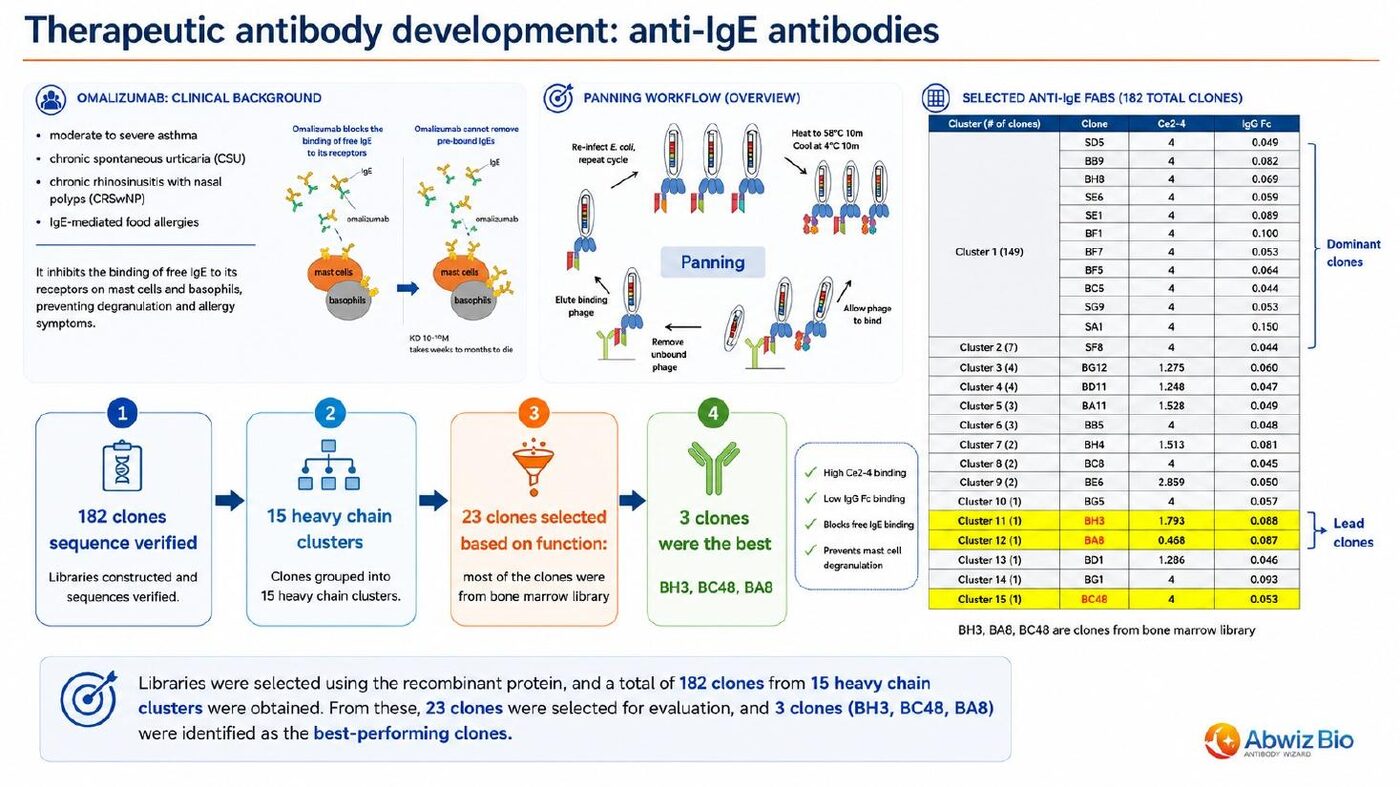 Anti-IgE Fab discovery funnel showing 182 clones across 15 heavy chain clusters narrowed to three lead clones BH3, BC48 and BA8